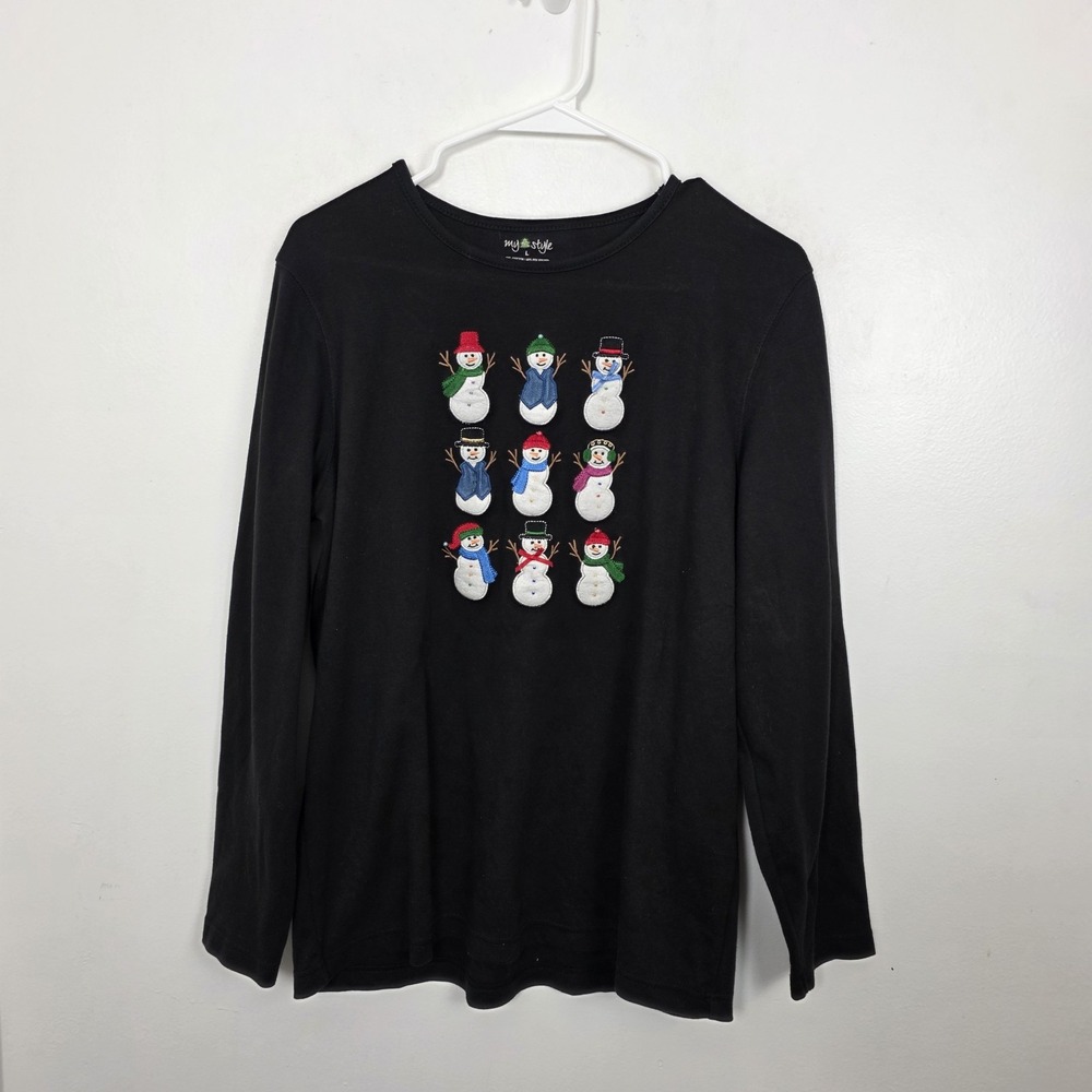 My Style Black Multicolor Snowman Embroidered Winter Christmas Knit Shirt Size L - Picture 2 of 6